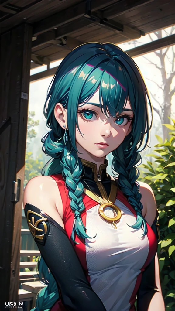 RAW, professional photograph, medium shot, photorealistic, hyper-realistic, ray tracing, super detail, UHD, 8k, female, twenty years old, athletic body, soft facial features, long braided hair, Celtic hairstyle, straight hair, cyan hair, cyan eyes, Celtic clothing, forest in winter, sharp image