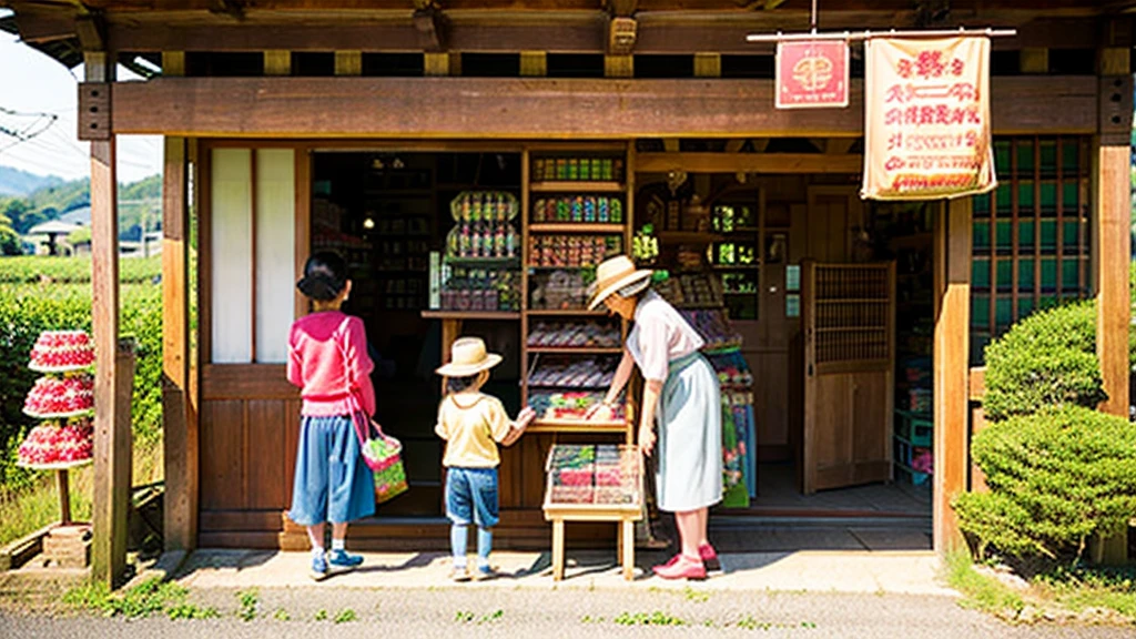 Children and an old woman shopping at a small candy store in the countryside、A small sweet shop in the Japanese countryside、