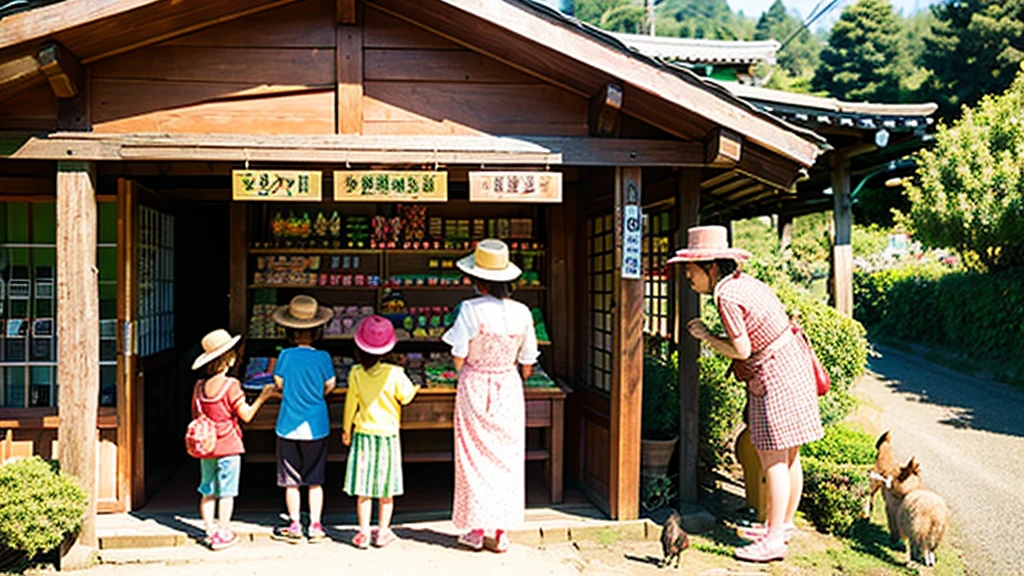 Children and an old woman shopping at a small candy store in the countryside、A small sweet shop in the Japanese countryside、