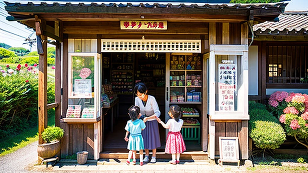 Children and an old woman shopping at a small candy store in the countryside、A small sweet shop in the Japanese countryside、