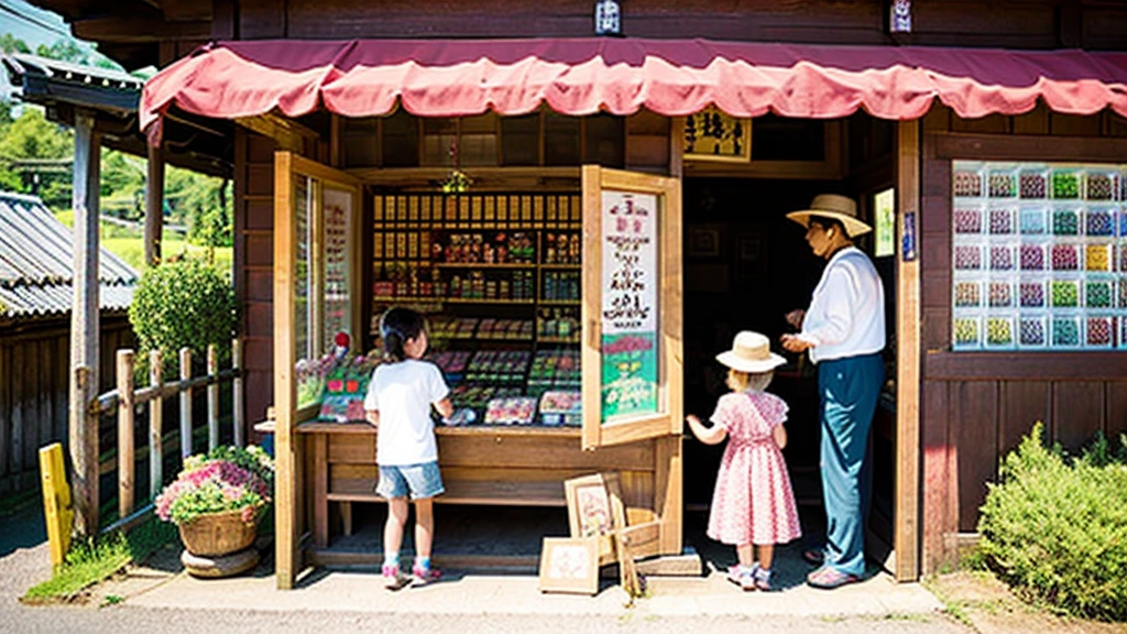 Children and an old woman shopping at a small candy store in the countryside、A small sweet shop in the Japanese countryside、