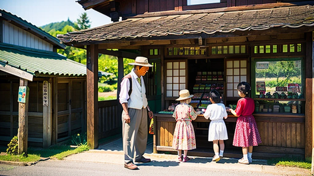 Children and an old woman shopping at a small candy store in the countryside、A small sweet shop in the Japanese countryside、