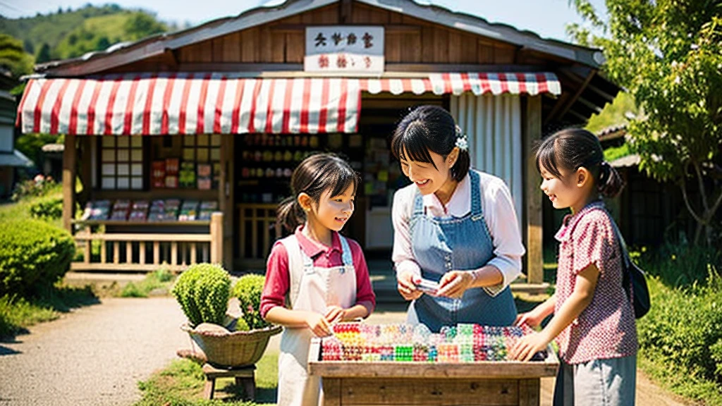 Children and an old woman shopping at a small candy store in the countryside、A small sweet shop in the Japanese countryside、