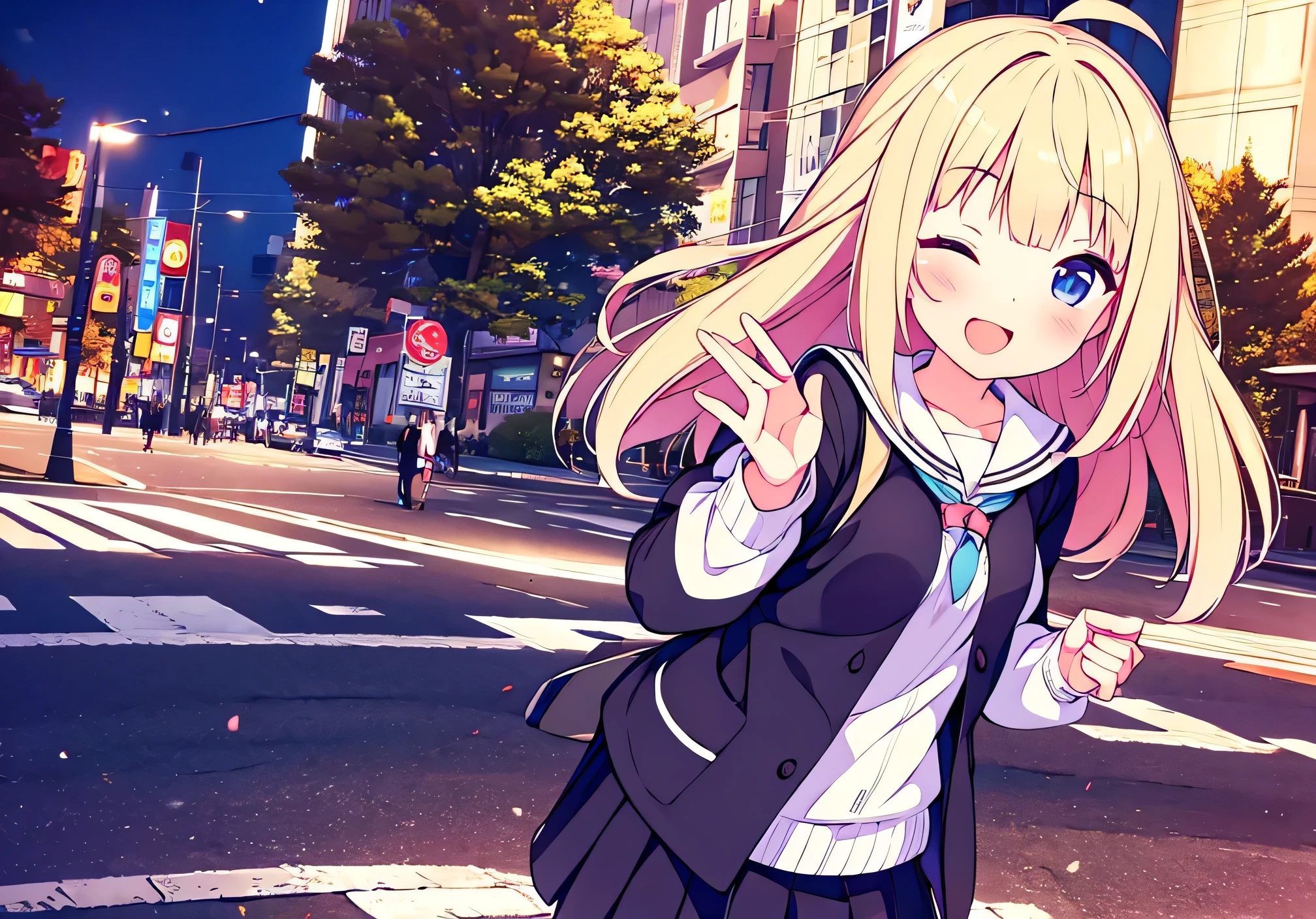insanely detailed, absurdres, ultra-highres, ultra-detailed, best quality,
1 girl, solo, nice hands, perfect hands,
BREAK,
(one eye closed, wink:1.2),
(wearing winter school uniform),
happy smile, laugh, open mouth,
dynamic pose, cowboy shot, looking at viewer,
BREAK,
slender, kawaii, perfect symmetrical face, ultra cute girl, ultra cute face, ultra detailed eyes, ultra detailed hair, ultra cute, ultra beautiful,
by Canon EOS, SIGMA Art Lens 35mm F1.4, ISO 200 Shutter Speed 2000,
in harajuku, shibuya, tokyo, street, crowd, cityscape,
medium breasts, (cleavage:-1.5),
Full body