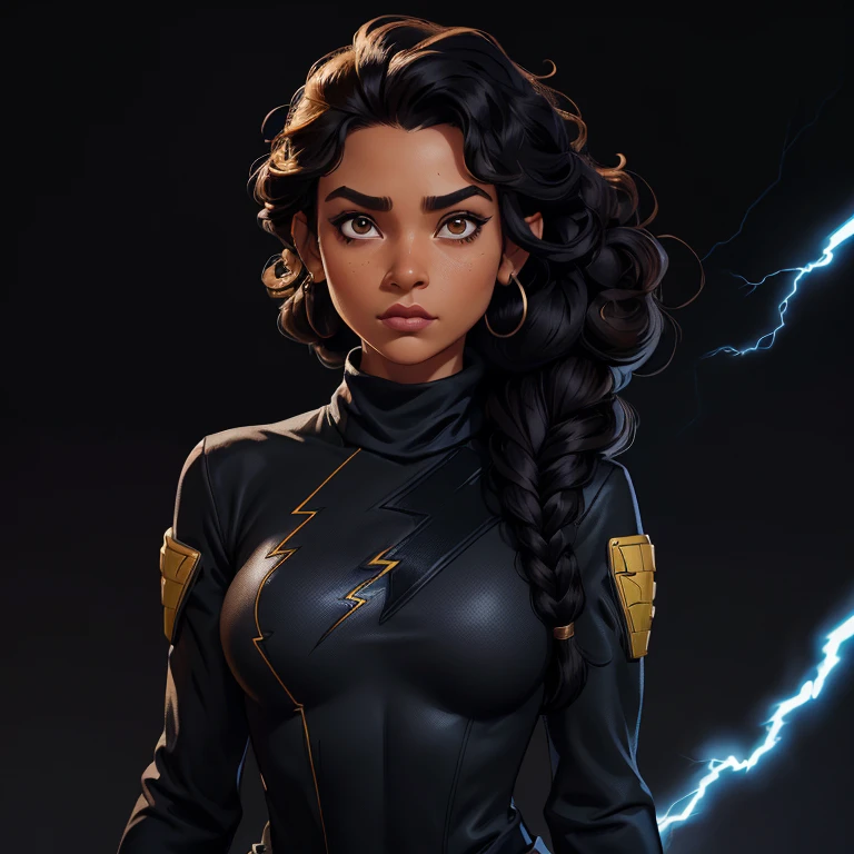 ((Black free fire game style female character)), ((arafed woman))((African-American Asian)), ((With black curly hair tied up with some loose strands)), ((And a black long-sleeved blouse purchased turtleneck written Girl)),((She is facing the camera looking to the side, black background and blue lightning))