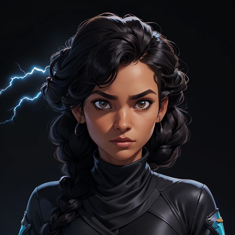 ((Black free fire game style female character)), ((arafed woman))((African-American Asian)), ((With black curly hair tied up with some loose strands)), ((And a black long-sleeved blouse purchased turtleneck written Girl)),((She is facing the camera looking to the side, black background and blue lightning))