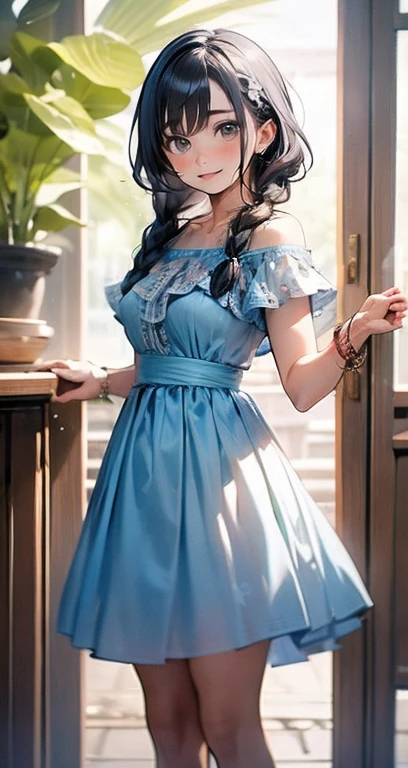 1 meninas, Botanical, only, jewelry, brinco, vasos de plantas, cabelo morena, com vestido, olha para o espectador,Efeito de profundidade de campo, manga curta, franja de cabelo, Blush, Olhos castanhos, estampas florais, dentro do quarto, Um bracelete, stand, prateleira, Cabelo mais curto, acessorio de cabelo, vestido estampado, esmalte, Vestido azul, medium hair, Braids, roupas chinesas, boca fechada,