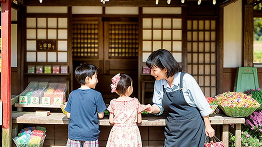 Children and an old woman shopping at a small candy store in the countryside、A small sweet shop in the Japanese countryside、