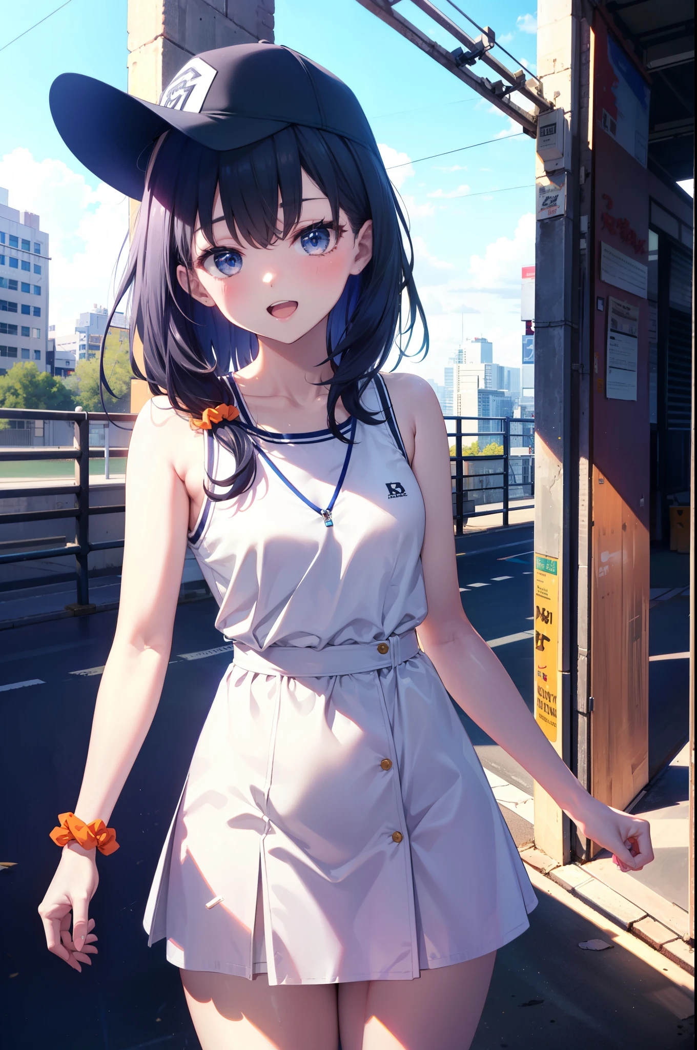 Rikka body, rikka takarada, Black Hair, blue eyes, Long Hair, orange Scrunchie, Scrunchie, wrist Scrunchie,Off-the-shoulder sleeveless dress,Bare shoulders,Bare neck,Bare arms,bare clavicle,Long skirt,sneakers,Baseball hats,happy smile, smile, Open your mouth,whole bodyがイラストに入るように,
break outdoors, Coastal Road,
break looking at viewer,whole body, (Cowboy Shot:1.5),
break (masterpiece:1.2), highest quality, High resolution, unity 8k wallpaper, (figure:0.8), (Beautiful fine details:1.6), Highly detailed face, Perfect lighting, Highly detailed CG, (Perfect hands, Perfect Anatomy),