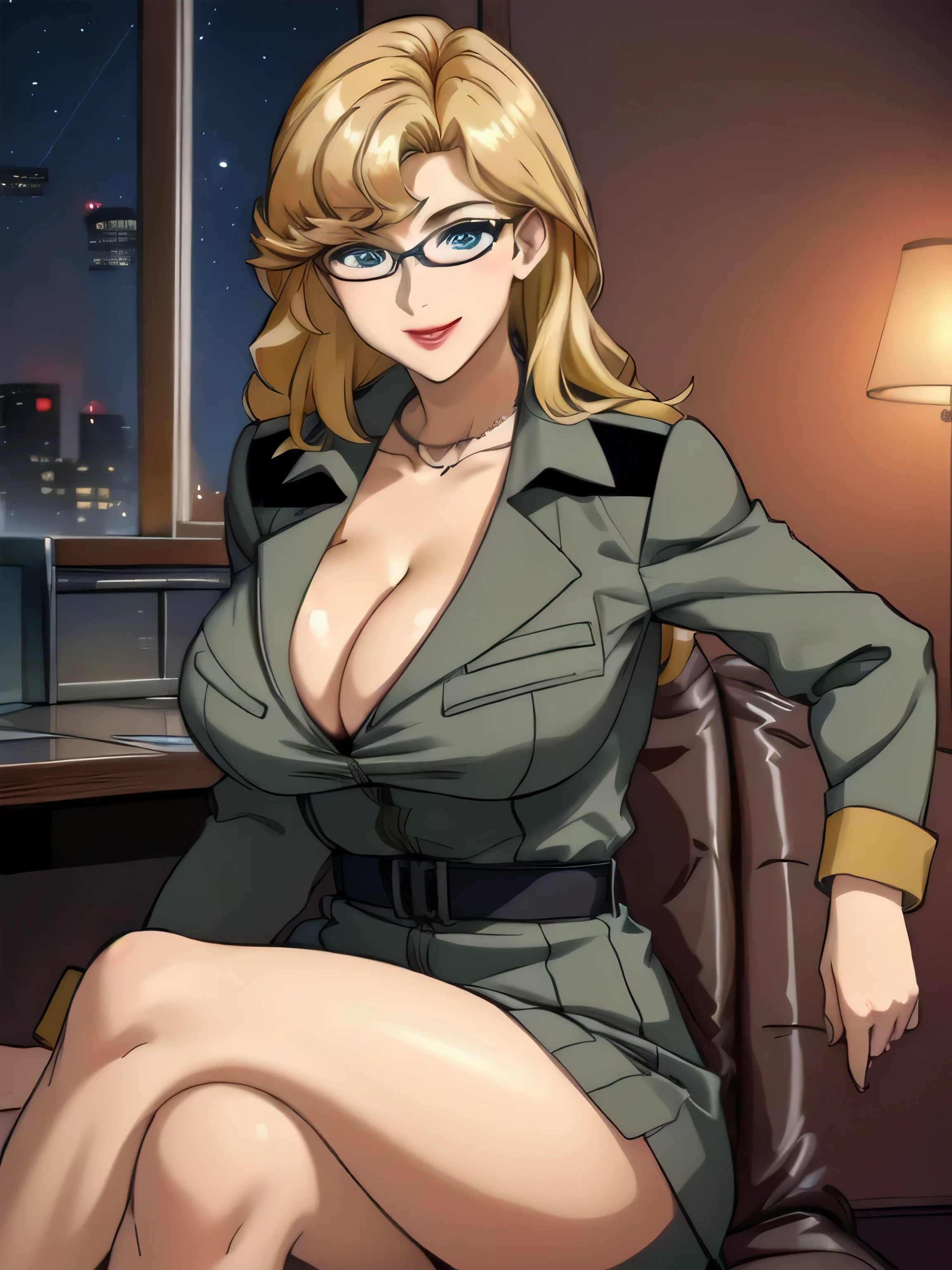 masterpiece, best quality, ultra-detailed, 8k, (detailed background, complex background:1.2), (perfect face, detailed face), 1girl, solo, (mature female, milf), huge breasts, blonde hair, blue eyes, lipstick, Bangs, long hair, glasses, Brown_military_uniform, a uniform with gold trims and a collar, shirt, belt, cleavage, collarbone, night. office, night view of the building street outside, sitting chair, leaning forward, seductive smile, blush, looking at viewer, (Focus on her cleavage)