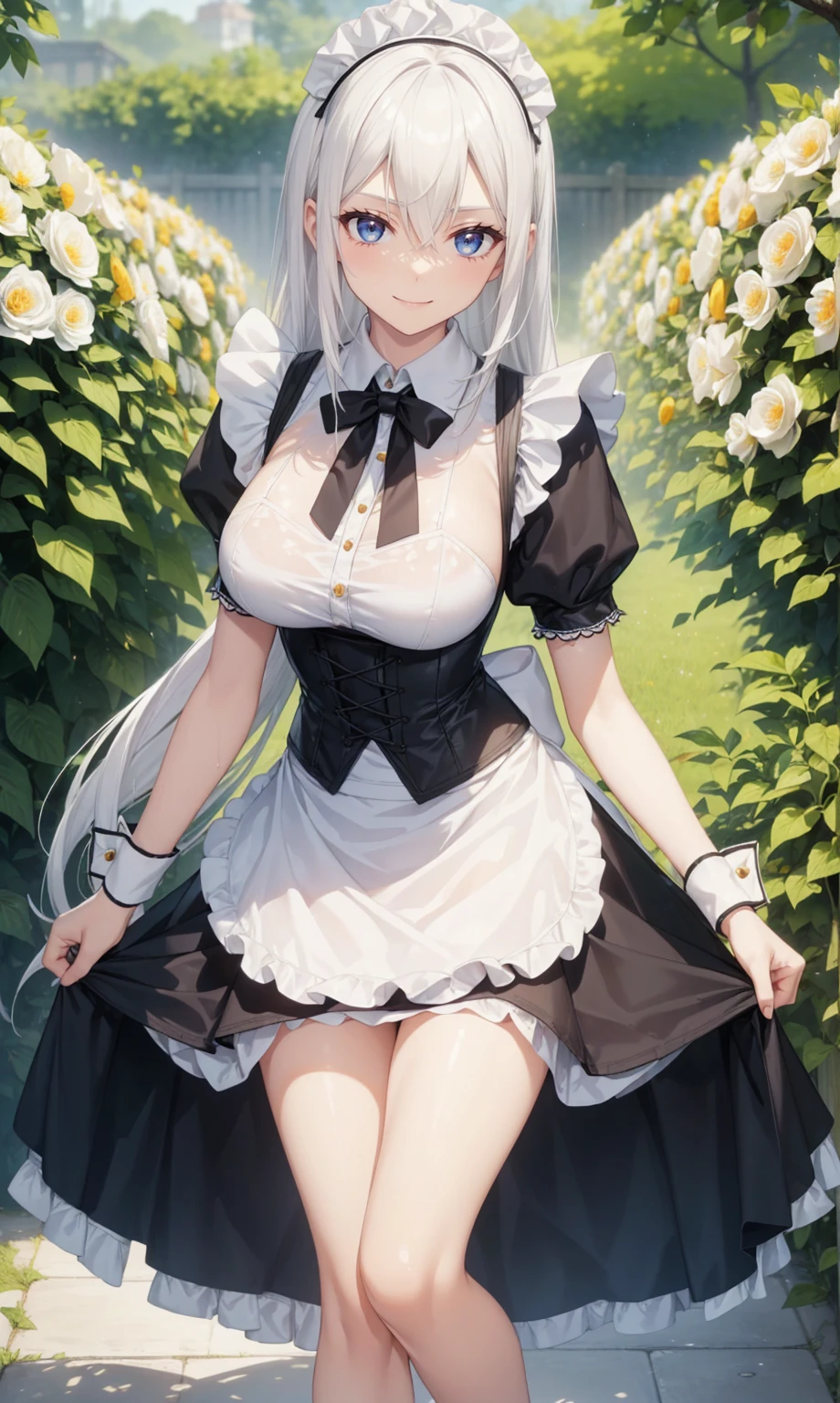 shine white skin.a girl, (((slim body))), (((Maid clothes))),wet, (((  Flower Garden))), slim body, , slender, body, a pretty girl, Smile, black corset,very short skirt,White hair, ((white cream hair))), w, towa, long_hair, 1girl,  solo, blue_eyes, bangs, hair_between_eyes, smile,(((GIANT breaths)))