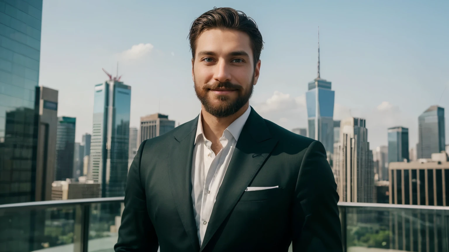 A photorealistic portrait of a successful, confident 30-year-old male entrepreneur. Emphasize his expressive green eyes , groomed beard and mustache , a strong jawline, and a subtle, knowing smile. Standing amidst towering skyscrapers. He wears a perfectly tailored designer suit with an expensive watch and a subtle, knowing smile.
