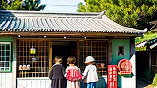 Children and an old woman shopping at a small candy store in the countryside、A small sweet shop in the Japanese countryside、
