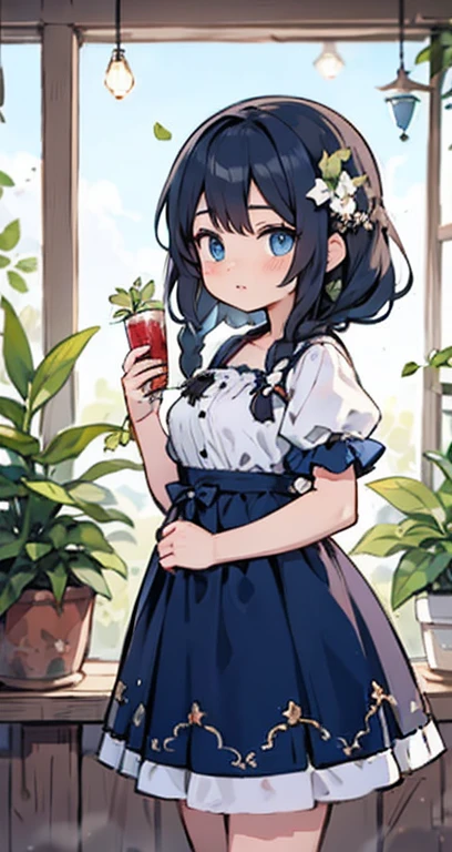 1 meninas, Botanical, only, jewelry, brinco, vasos de plantas, cabelo morena, com vestido, olha para o espectador,Efeito de profundidade de campo, manga curta, franja de cabelo, Blush, Olhos castanhos, estampas florais, dentro do quarto, Um bracelete, stand, prateleira, Cabelo mais curto, acessorio de cabelo, vestido estampado, esmalte, Vestido azul, medium hair, Braids, roupas chinesas, boca fechada,