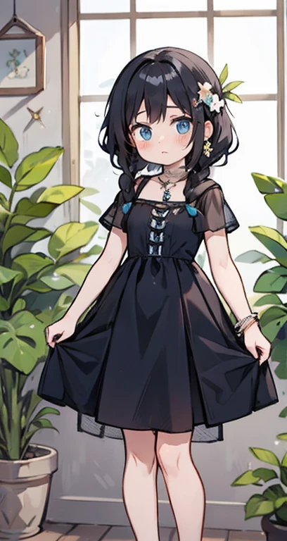 1 meninas, Botanical, only, jewelry, brinco, vasos de plantas, cabelo morena, com vestido, olha para o espectador,Efeito de profundidade de campo, manga curta, franja de cabelo, Blush, Olhos castanhos, estampas florais, dentro do quarto, Um bracelete, stand, prateleira, Cabelo mais curto, acessorio de cabelo, vestido estampado, esmalte, Vestido azul, medium hair, Braids, roupas chinesas, boca fechada,