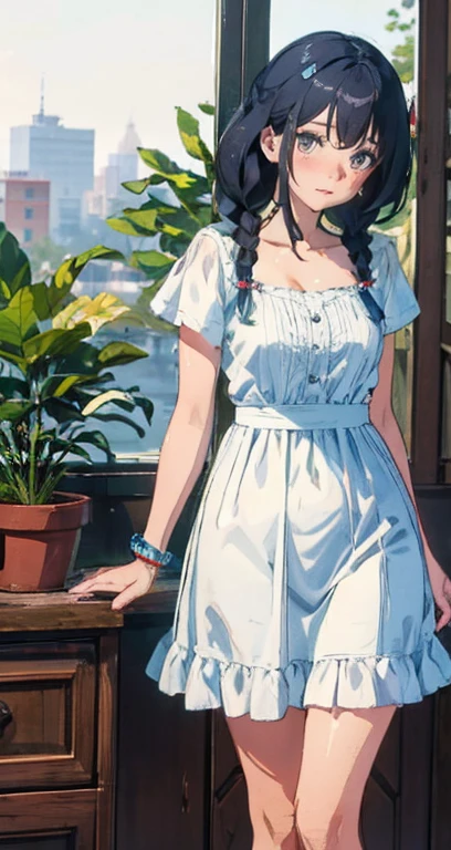 1 meninas， Botanical， only， jewelry， brinco， vasos de plantas， cabelo morena， com vestido， olha para o espectador，Efeito de profundidade de campo， manga curta， franja de cabelo， Blush， Olhos castanhos， estampas florais， dentro do quarto， Um bracelete， stand， prateleira， Cabelo mais curto， acessorio de cabelo， vestido estampado， esmalte， Vestido azul， medium hair， Braids， roupas chinesas， boca fechada，
