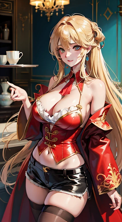 Young Girls, Long blond hair, 特写Cleavage]]]]Huge long saggy breasts, Cleavage, The chest is more exposed with hairpins and ties, Turquoise eyes, Gangster Tattoo, Red tights, sleeveless, Wide neckline from chest to abdomen, Gold element, Red Gold Armor, shorts, paw, giggle, masterpiece, high quality, 4K, HD, The details are good