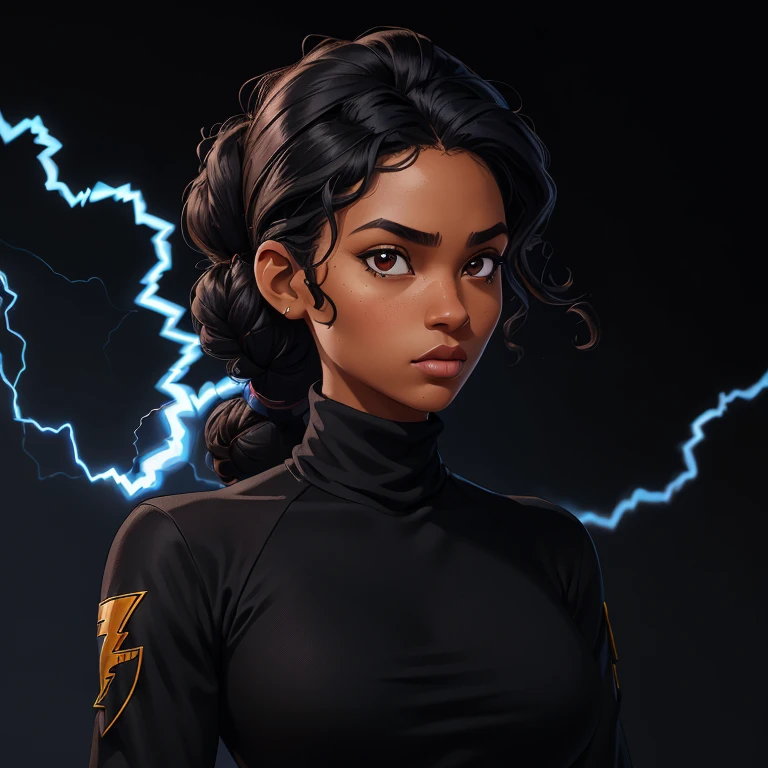 ((Black free fire game style female character)), ((arafed woman))((African-American Asian)), ((With black curly hair tied up with some loose strands)), ((And a black long-sleeved blouse purchased turtleneck written Girl)),((She is facing the camera looking to the side, black background and blue lightning))