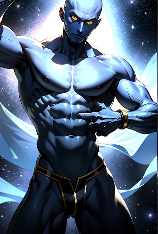 A completely hairless man, his skin painted blue and yellow, dances among the stars. This ultra-realistic 8KCG image showcases the perfect body of the hombre, every muscle defined and glowing under the dramatic spotlight. His skin, adorned with intricate body paint, reflects the light in mesmerizing ways. Detailed light and shadow highlight his sculpted form, creating an ethereal effect. The perfect male figure, born without a single hair, boasts a chiseled chest and a lean, toned waist. His arms, strong and taut, carry the weight of his astral dance effortlessly. Dramatic shadows form around his body, adding depth and intensity to the