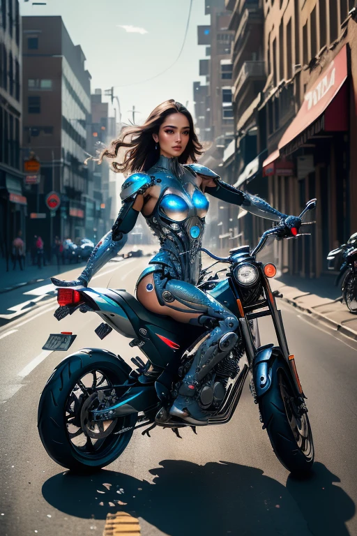 A female cyborg riding a high-tech motorcycle on the street, (best quality, high quality, absurdres, masterpiece:1.2), beautiful, intricate details, magnificent anatomy, slim body, beautiful figure, (intricate details:1.12), (intricate details, hyper-detailing:1.15), (natural skin textures, hyper realistic, soft light, sharp:1.2), HDR