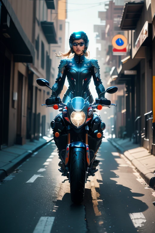 A female cyborg riding a high-tech motorcycle on the street, (best quality, high quality, absurdres, masterpiece:1.2), beautiful, intricate details, magnificent anatomy, slim body, beautiful figure, (intricate details:1.12), (intricate details, hyper-detailing:1.15), (natural skin textures, hyper realistic, soft light, sharp:1.2), HDR