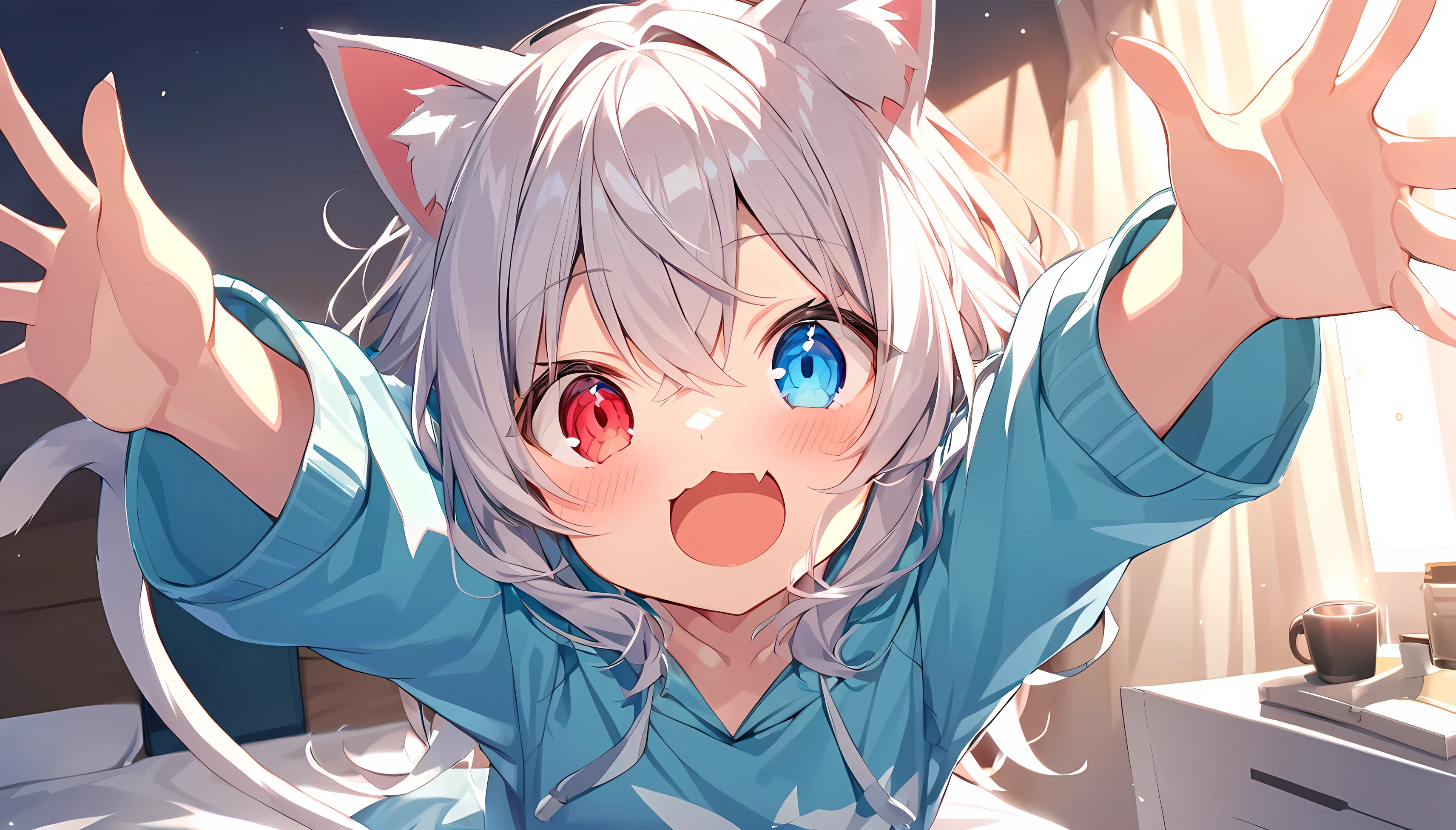 Girl,hoodie,On the bed,Excited,Heterochromia Red Eyes Blue Eyes,Small ,Cat ear,Feline tail,open arms for viewer