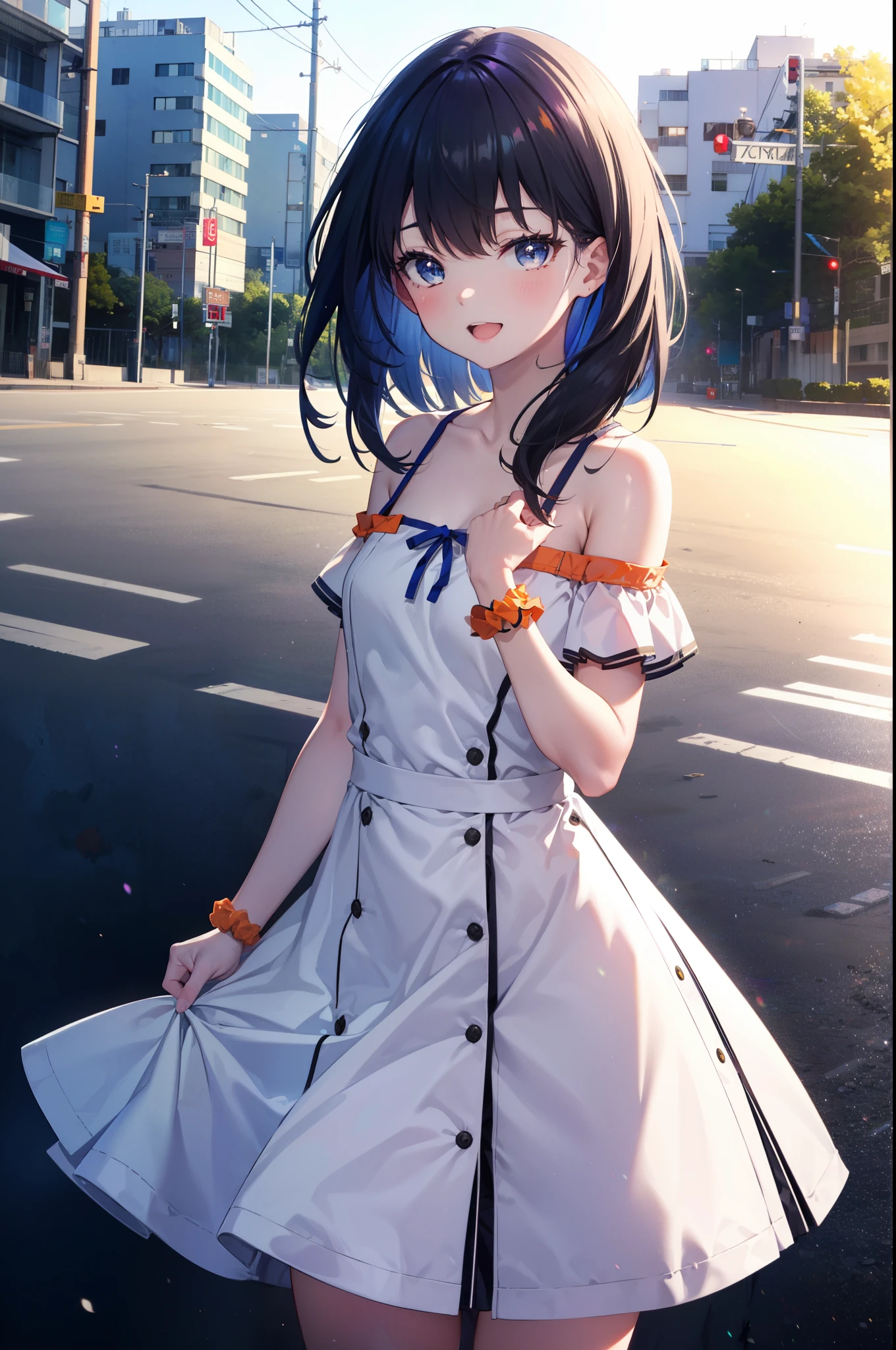 Rikka body, rikka takarada, Black Hair, blue eyes, Long Hair, orange Scrunchie, Scrunchie, wrist Scrunchie,Off-the-shoulder sleeveless dress,Bare shoulders,Bare neck,Bare arms,bare clavicle,Long skirt,sneakers,Baseball hats,happy smile, smile, Open your mouth,whole bodyがイラストに入るように,
break outdoors, Coastal Road,
break looking at viewer,whole body, (Cowboy Shot:1.5),
break (masterpiece:1.2), highest quality, High resolution, unity 8k wallpaper, (figure:0.8), (Beautiful fine details:1.6), Highly detailed face, Perfect lighting, Highly detailed CG, (Perfect hands, Perfect Anatomy),