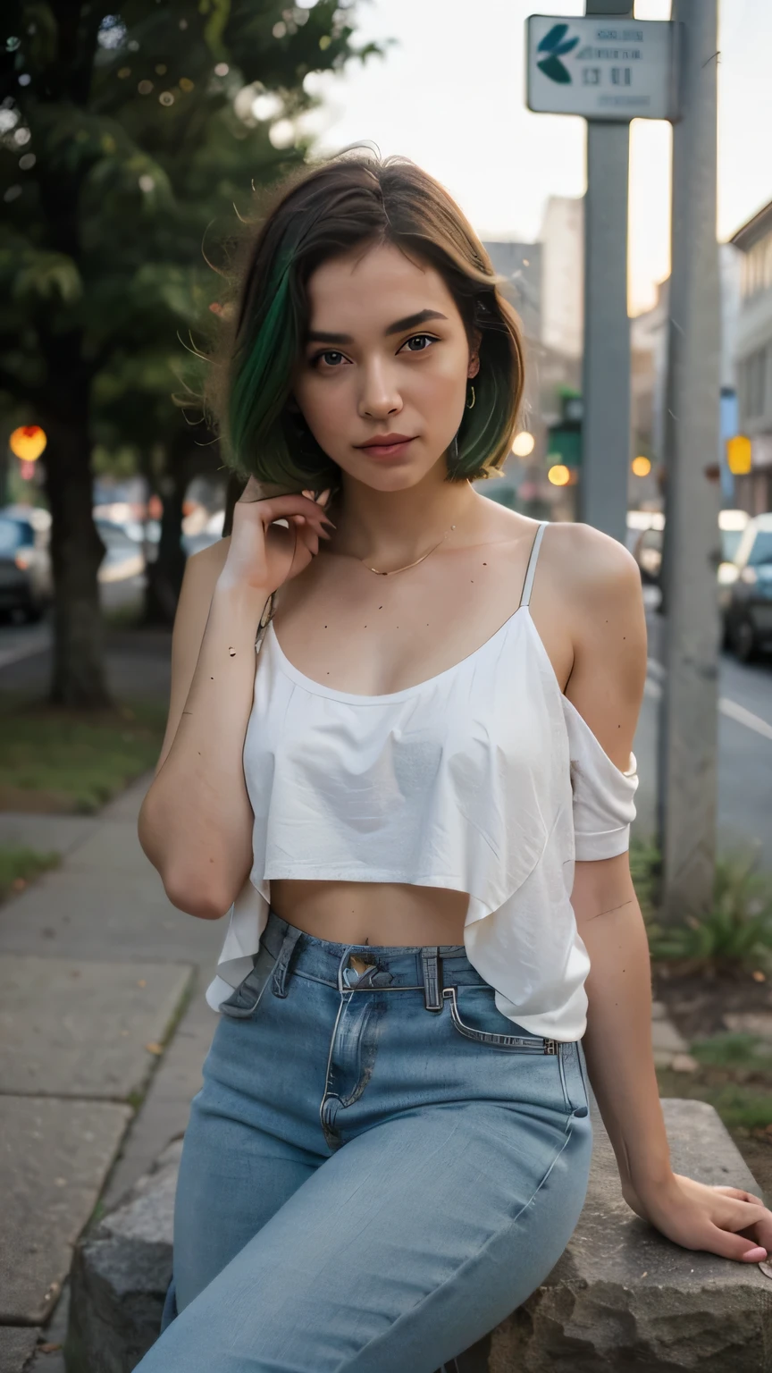 1girls, Nur, green Hair , 24 years old , amateur photo of a woman, analog, raw, f2, 35mm, 50-year-old candid photo of a woman, photo with flash, taken with an old camera, polaroid, half body photo of ASMR, highly detailed eyes, beautiful face, natural skin with pore detail , sitting on a rock with legs crossed, looking peaceful., oversized blazer, skinny jeans, moccasins, shoulder bag, stud earrings, (lofi, bokeh), , golden hour, cinematic lighting, (blurry filter, film grain: 1.2). 8k, highly detailed, detailed skin texture, natural skin texture, perfect eyes, perfect iris, high detailed eyes, detailed iris, detailed fabric texture, perfect eyes, detailed eyes, (high quality, best quality:1.3), Extremely high resolution, film grain, dslr, Kodak Portra 400 camera f1.6 lens, 35 mm, Fujifilm Superia Premium 400, Nikon D850, woman with short hair, hair at shoulder length slightly above the shoulder, hair ends green, especially green hair Let the ends be extremely flawless and realistic