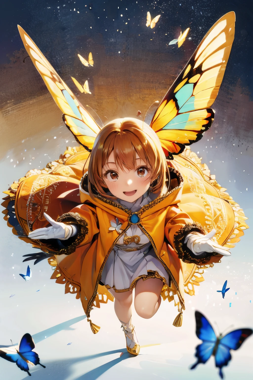 (perspective composition:1),Anime of 1 girl is fly in the air and smile and surrounded by a lot of surreal painting gold butterfly filigree,broken glass,brown long hair:1,wear gold butterfly filigree outfit coat fashion costume with ruffled layers:1),from above,dynamic pose,dynamic angle,golden splendid background),white gloves
