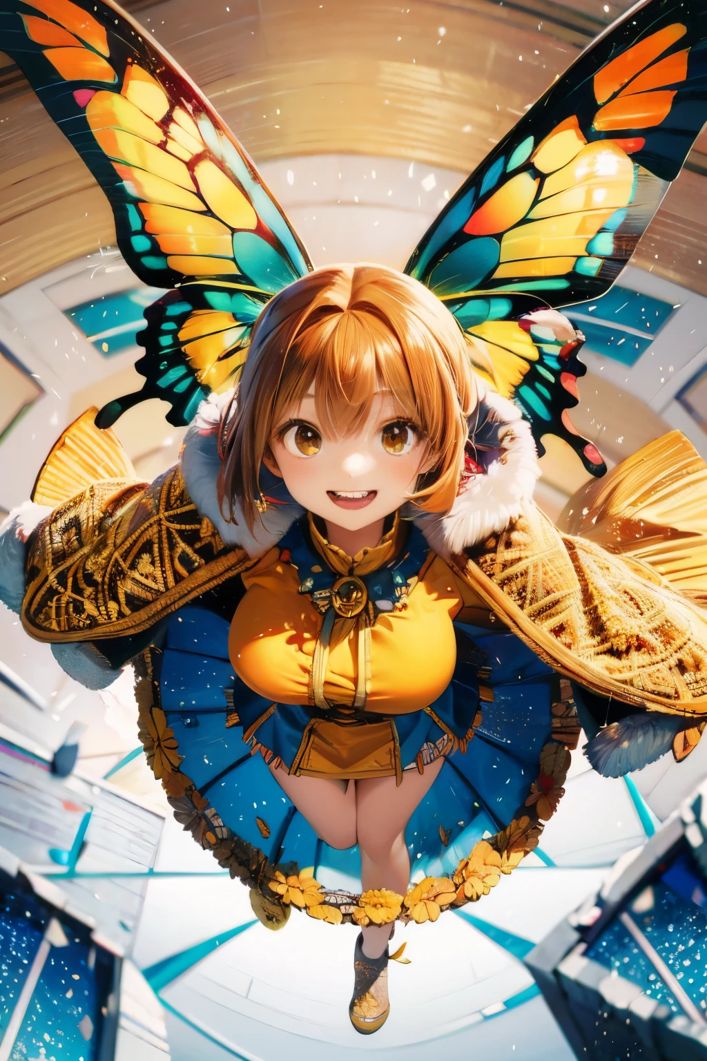 (perspective composition:1),Anime of 1 girl is fly in the air and smile and surrounded by a lot of surreal painting gold butterfly filigree,broken glass,brown long hair:1,wear gold butterfly filigree outfit coat fashion costume with ruffled layers:1),from above,dynamic pose,dynamic angle,golden splendid background),white gloves
