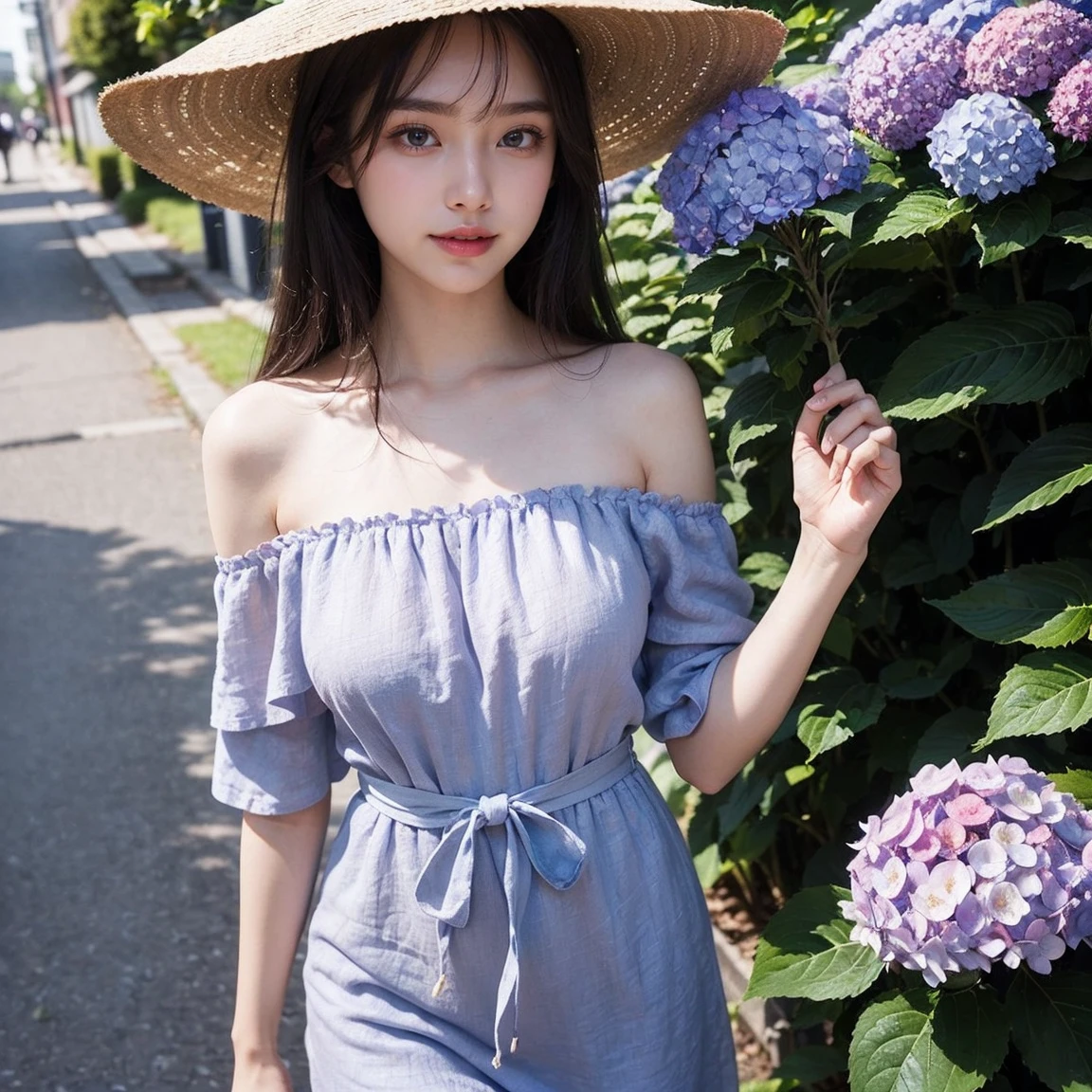 Top-quality Realistic,Official art,Highly detailed CG Unity 8k wallpaper,ultra-detailliert,hight resolution,Physically-based rendering,Magnificat,finely detail,masterpiece,Best Quality,ultra detailed,Mature beauty,Beautiful women,1girl,moist lips,sexy lips,Sexy smile,Gentle smile, 20 years old, Beautiful bare skin,Smooth bare skin, big well-shaped breasts,beautiful Mature body,swept bangs,(Medium hair:1.3), beautiful detailed eyes,model shoot style,Japanese Idol,Full-body,((Hydrangea blooming on the slope behind the alley )),BREAK,(Linen off-shoulder Light purple summer dress:1.3),(wide brimmed straw hat),Standing model pose,Delicately expressed eyes,cute smile,shoot from above,(Standing on back alley path), outstretched hand, ((Extreme close-up)),(Purple, pink, blue, white, colorful hydrangeas), Close your cheek to the hydrangea,shoot from side view