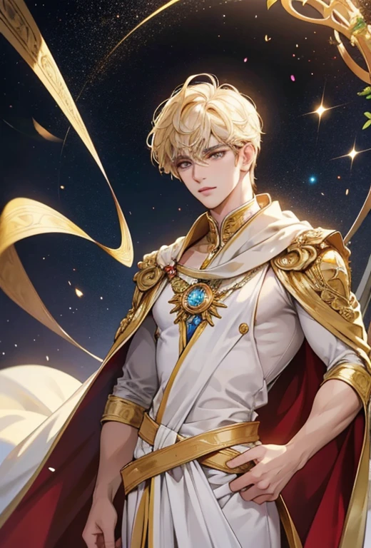 The golden star handsome boy is provocatively concealed by a lustrous, semi-transparent golden robe that clings to his fit body, accentuating every muscle and curve. The robe shines with an iridescent radiance, adding an ethereal glow to his already handsome features. His intricately detailed face is etched with smoldering expressions, his eyes gleaming with a mischievous twinkle behind long, curly lashes. The shiny skin on his exposed neck and hands catches the light, revealing a subtle sheen that seems to glow from within. The detailed background showcases a star-studded sky with comets streaking across, adding to the enchanting ambiance