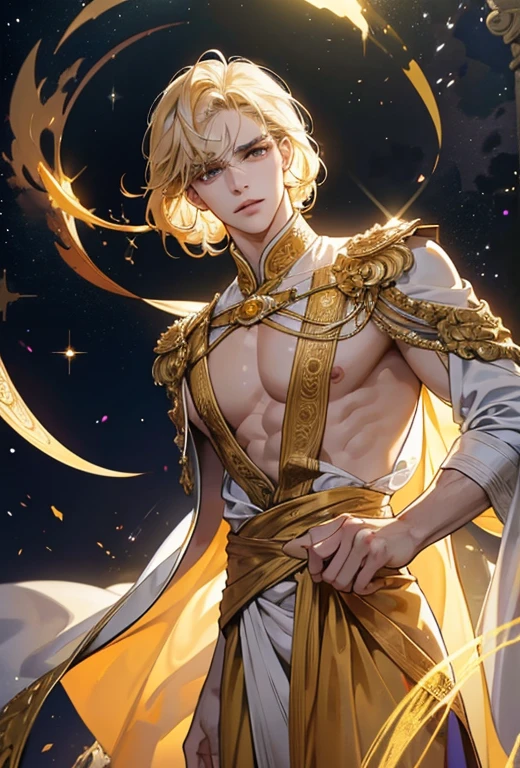 The golden star handsome boy is provocatively concealed by a lustrous, semi-transparent golden robe that clings to his fit body, accentuating every muscle and curve. The robe shines with an iridescent radiance, adding an ethereal glow to his already handsome features. His intricately detailed face is etched with smoldering expressions, his eyes gleaming with a mischievous twinkle behind long, curly lashes. The shiny skin on his exposed neck and hands catches the light, revealing a subtle sheen that seems to glow from within. The detailed background showcases a star-studded sky with comets streaking across, adding to the enchanting ambiance