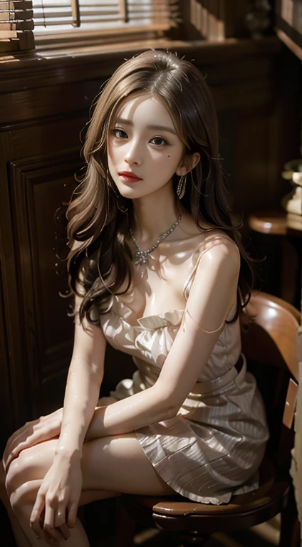 special clothes 53,dress, ((Hit the knee)), close, In the classroom, sitting on desk, beautiful girl college student, masterpiece, light makeup, Red lips, Silver Hair, Disheveled long hair, beautiful, elegant. Ultra-fine detail, Master Works, Realistic texture, Realism in film lighting, Perfect job, 8k, High resolution, Graceful features, Slim figure, Bright big eyes, Smooth skin, Earrings, necklace, Tattoo