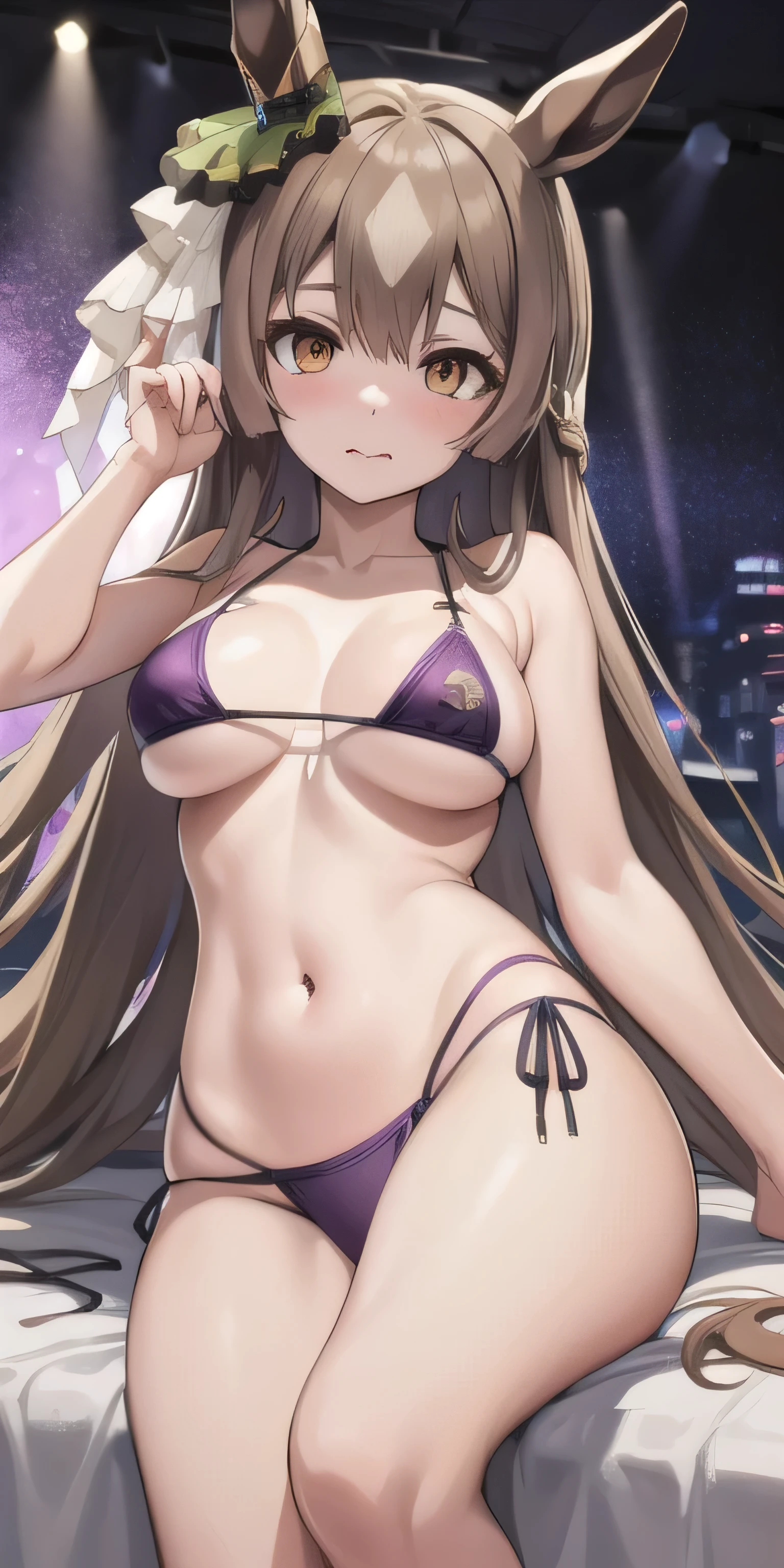 masterpiece, highest quality, close, Face shot, \(Umamusume\),((Purple micro bikini))、sit、Leg spread、semen、Mansuji、On the bed、Low - Angle、(((Big Breasts)))、Nightclub、Embarrassed、1st from the bottom.3