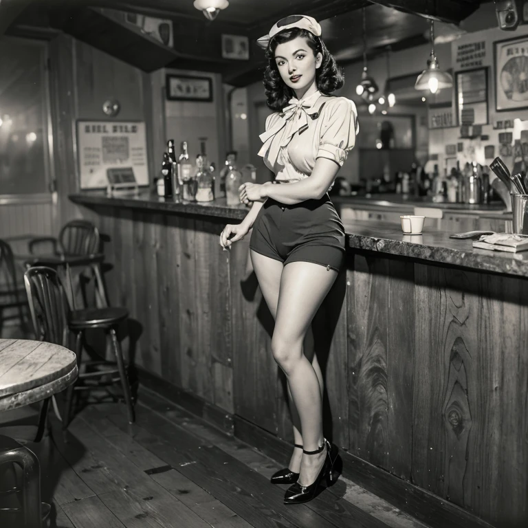 Full body portrait of Betty Page, alone (in a short sailor outfit, 1940s, very detailed: 1.5), (finely detailed face, 1.5 inches), (1940s hairstyle with a high pompadour: 1.5 inches), (slim body, voluptuous, small hips: 1.8), (leaning on a bar rail: 1.5 inches), (inside a dim, old big band bar from the 1940s: 1.4 inches), (soft studio lighting, volumetric shadows), JCH Street Pan film, ISO 100.

Betty Page,