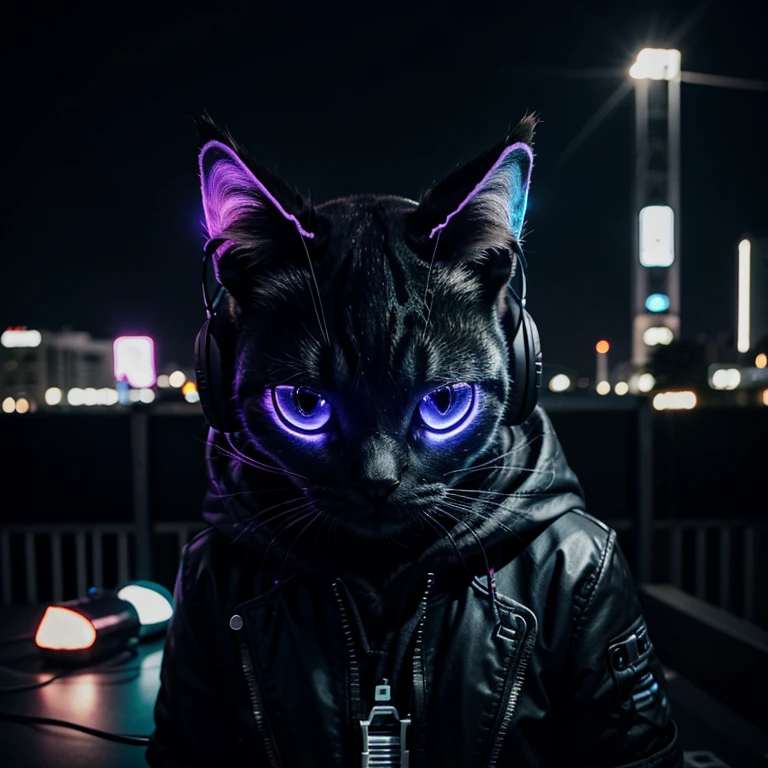 Cyber cat with his headphones listening to electronic music at night with lights