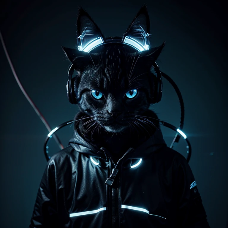 Cyber cat with his headphones listening to electronic music at night with lights 