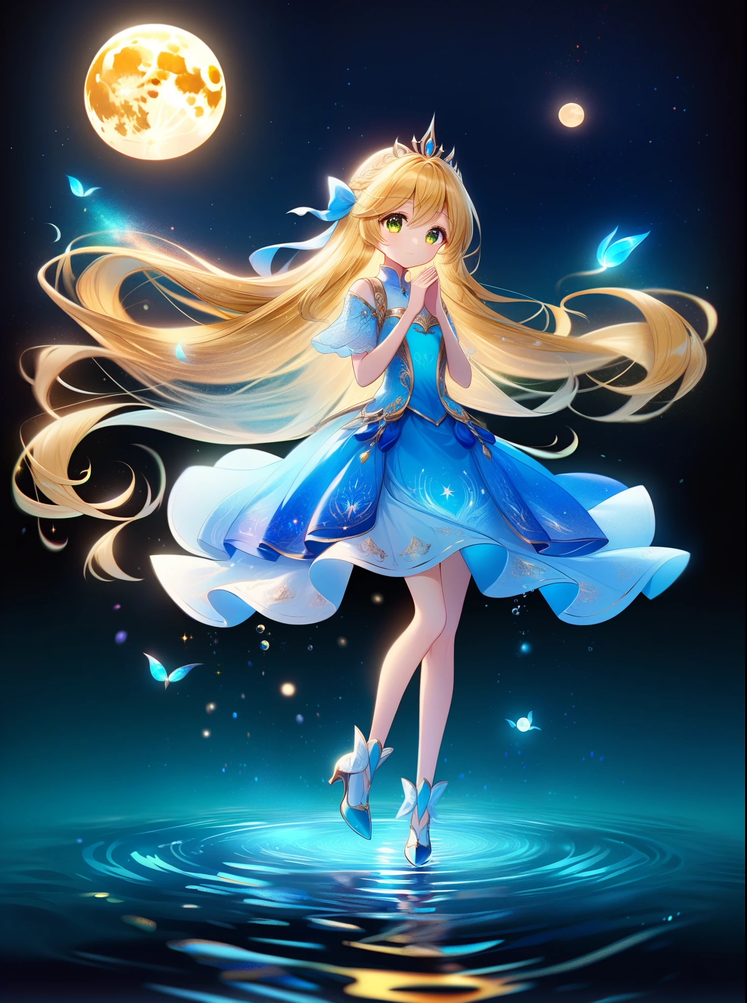 ((eternal classic, ultra detailed CG unity 32k wallpaper)), one princess standing on water, at night, the young siter taste, pale blue moon, cute face, blond semi-long hair, amber eyes, shy, water magic, naiad, illusory scene, calm, impressive, full body, ((an ultra delicate and beautiful, an ultra detailed character)), ((ultra beautiful illustration)), ((ultra detailed beautiful hair, ultra detailed beautiful eyes, ultra detailed background, ultra detailed hands, ultra detailed body)), dramatic angle, (((fantasy)))