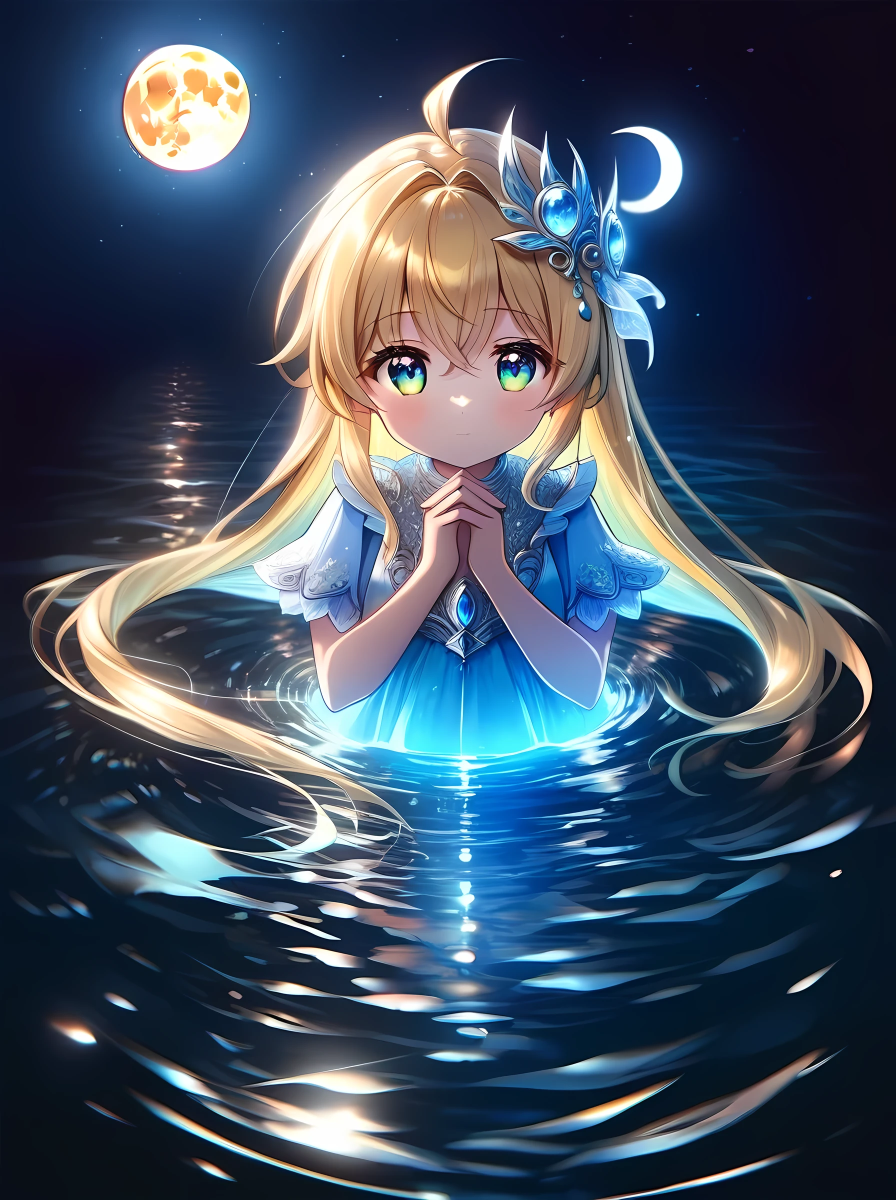 ((eternal classic, ultra detailed CG unity 32k portrait)), one princess standing on water, at night, the young siter taste, pale blue moon, cute face, blond semi-long hair, amber eyes, shy, water magic, naiad, illusory scene, calm, impressive, full body, ((an ultra delicate and beautiful, an ultra detailed character)), ((ultra beautiful illustration)), ((ultra detailed beautiful face, ultra detailed beautiful eyes, ultra detailed background, ultra detailed hands, ultra detailed body)), ((anime style)), dramatic angle, (((fantasy)))