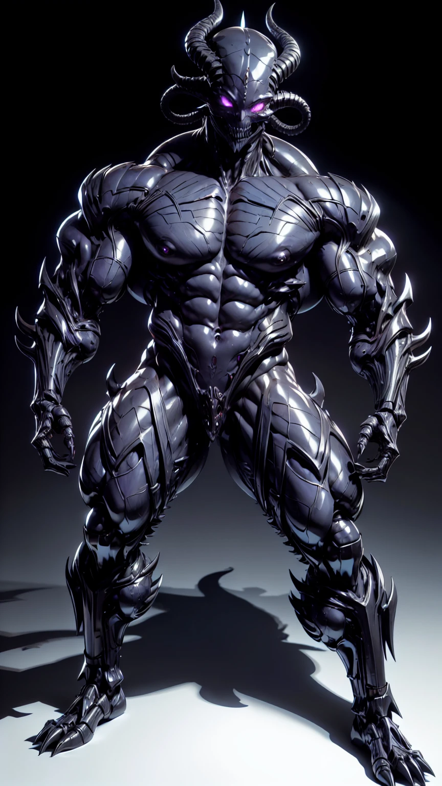 (draconic alien biomechanical succubus with carnage & witchblade physique:1.5), (megan fox as a muscular alien draconic biomechanical demonic woman with flayed skin, gigantic horns, & necrotic metallic muscle:1.5), (witchblade muscular anatomy:1.25), (perfect fingers:1.25), ((wide shoulders & upper body:1.25)), (very skinny legs:1), (huge muscular arms:1.25), (ten pack abs:1.25), (full body view:1.25), choker, detailed eyes, (looking at viewer), (smile:1.25), (blank dark background:1.25), in the art style of H.P. Giger, (beautiful girl face:1.25)