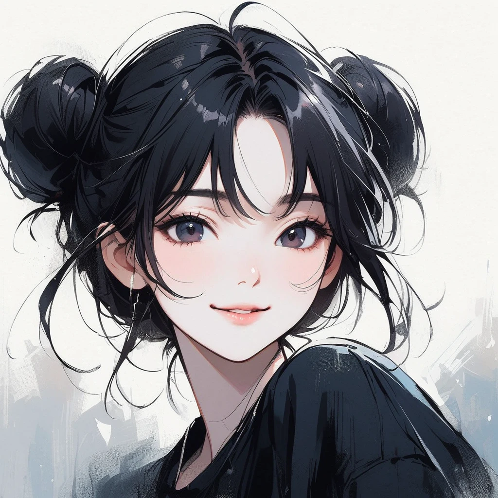 Beautiful girl, pale, black hair, dark black eyes, pale skin, bangs, buns, smiling, kind, pure, face close-up, simple