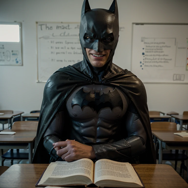 Batman smiling sitting in front of a classroom table with book in hands 