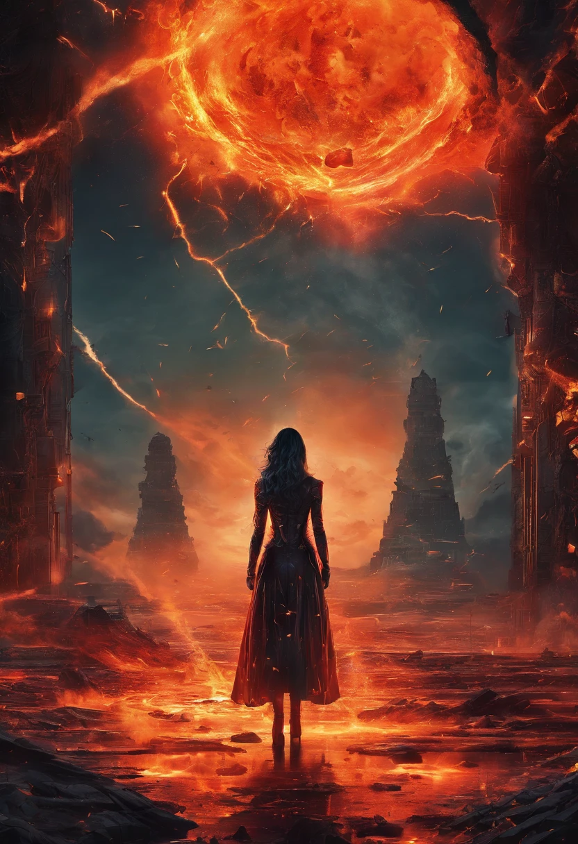 (high resolution,obra de arte:1.2),ultra-detalhado,realista ,uma princesa usando um vestido preto, parada de costas, na frente de um castelo no inferno,(queimando,fogosa:0.9),a path that leads to darkness and flames,atmosfera sinistra,dark and dramatic lighting,jornada aterrorizante e perigosa,calor abrasador,lava derretida fluindo ao lado do caminho, fogo espalhado,ominous smoke rising from the flames,cracked floor, paleta de cores vermelho e laranja intenso,retrato misterioso,high contrast and sharp details,dynamic and powerful composition,dramatic perspective,hellish scenario