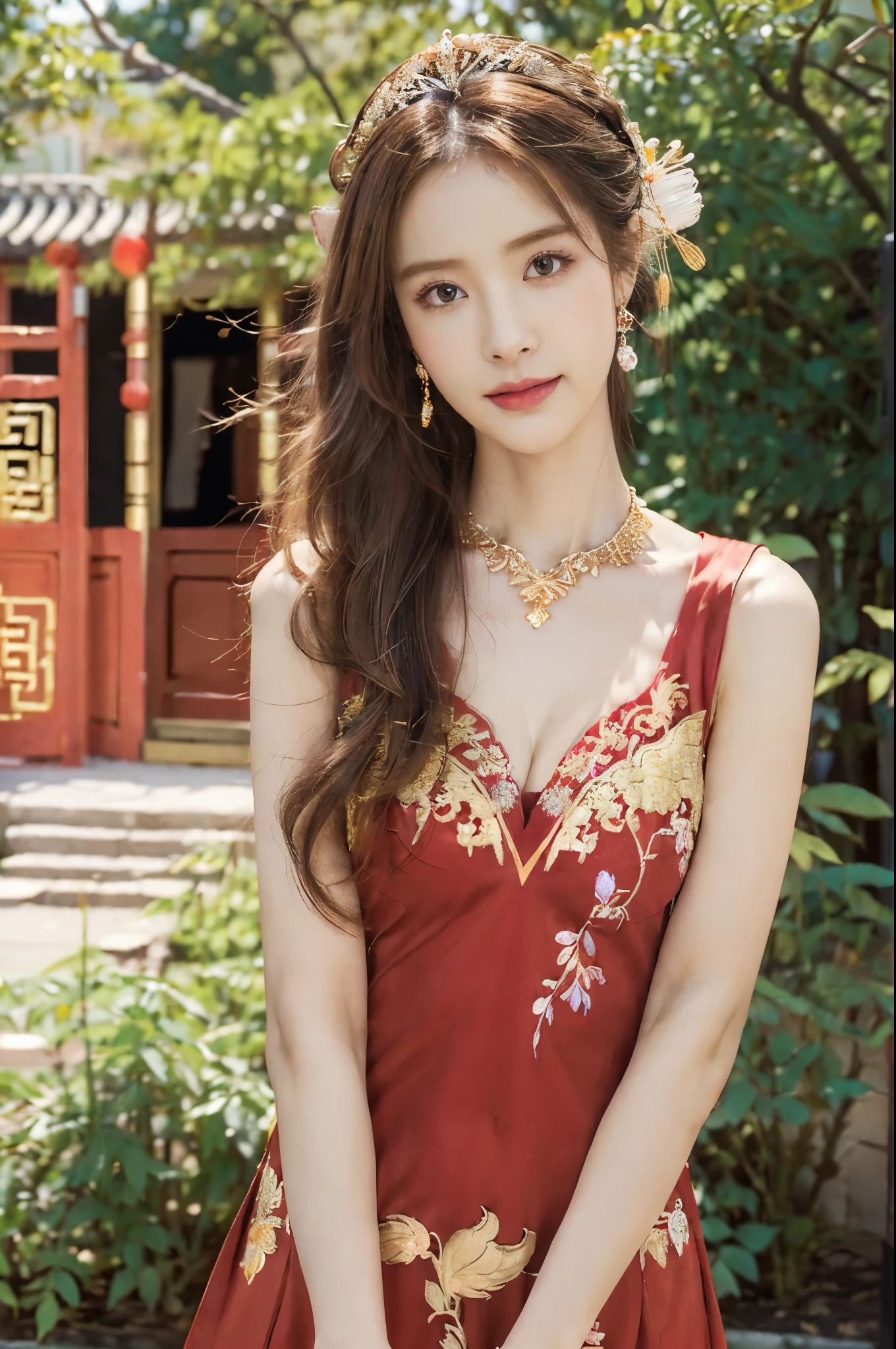 ((((8k))),((Extremely meticulous CG)) ,(wallpaper),16k,((Extremely refined and beautiful)),(((Masterpiece))),(((best qualtiy))),(((Ultra High Resolution))),beautiful light up,realistic shaded,(Smooth and flawless fair skin:1.5),(pale skin:1.3),Extremely exquisite facial details,(perfect body:1.1),(ultra-detailed:1.2),((A beautiful girl,solo)),(small head:1.2),(phoenix crown on head:1.2),(small face:1.2),(Exquisite makeup:1.2),(small breasts:1.2),(flat chests:1.2),(slim,thin),(happy:1.2),(laughing:1.2),(earrings:1.2),(crystal necklace:1.3),(Maxi Golden embroidered red Chinese wedding dress:1.5),(cleavage:1.3),(sleeves:1.2),(stockings:1.5),(day scene:1.5),(outdoor:1.2),(At the entrance of a Garden Hotel:1.5),(Colorful flowers:1.3),(many colors:1.3),(bright sunshine:1.2),(detailed background:1.5),(standing:1.3),(arms behind back:1.3),(upper body:1.3),(from front:1.3),(spring:1.3)
