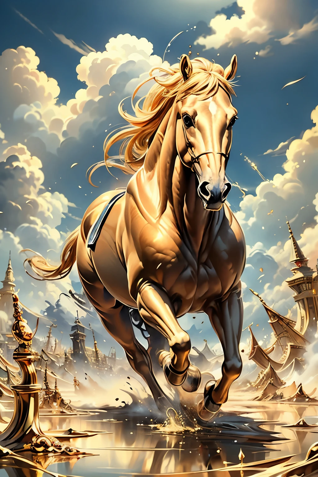 Golden Horse、The background is golden、A shining golden world、(((masterpiece))), (highest quality), (Very detailed), (very_expensive_solve), (big_file size), (Full Color)、Golden light particles scattered