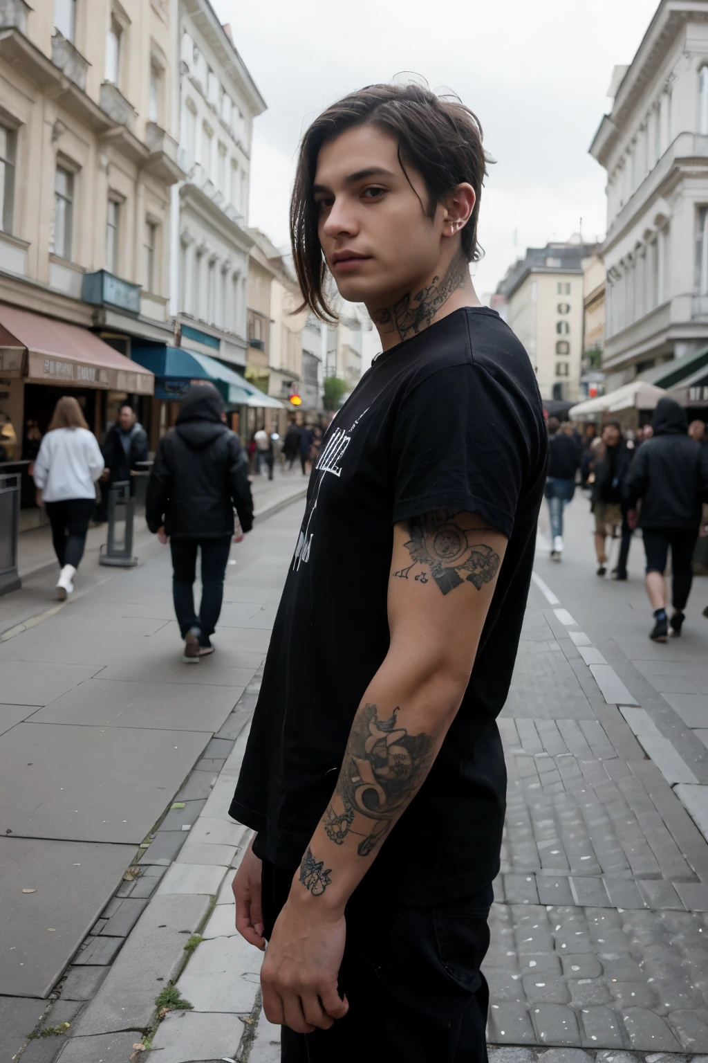 Emo, Man, tattoos, Drop Dead Clothing, scene hair, on mariahilfer strasse in vienna