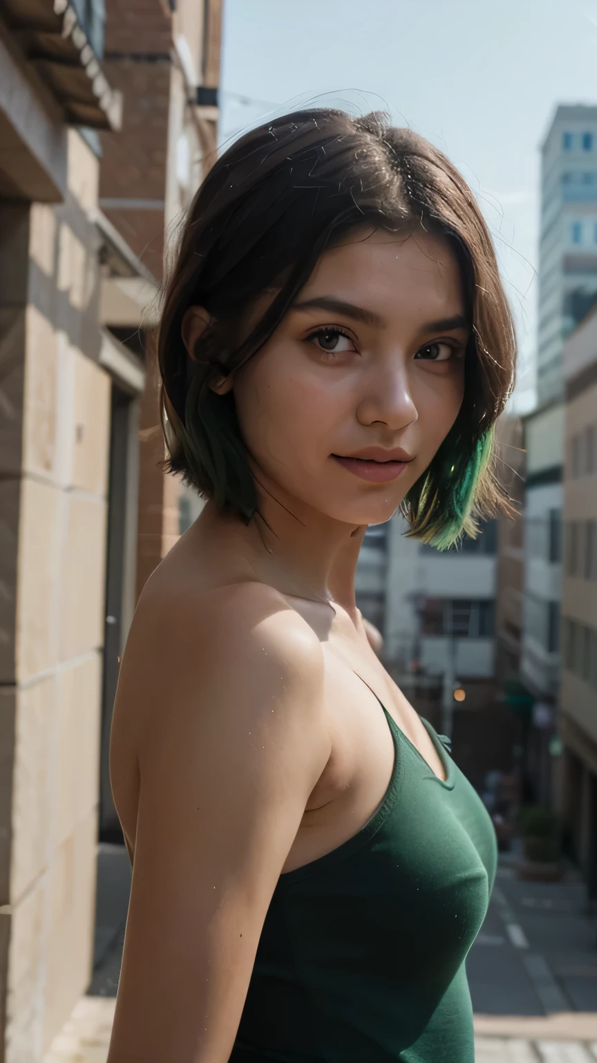 1girls, Nur, green Hair , 24 years old , photorealistic:1.4, masterpiece, best quality, solo, Detailed face:1.2, perfect proportions, realistic photos, short hair, hair at shoulder length slightly above the shoulder, hair ends will be green especially green, technical suit, blurred background shot, eye focus, cowboy shot, huge city background, front facing, dramatic light, cinematic light, realistic, realism,Best Quality, 8K, Masterpiece:1.3)), Focus: 1.2, Perfect Body Beauty: 1.4, Hips: 1.2, , High Detail Facial and Skin Texture, Thin Eyes, Double Eyelids, , Smile,