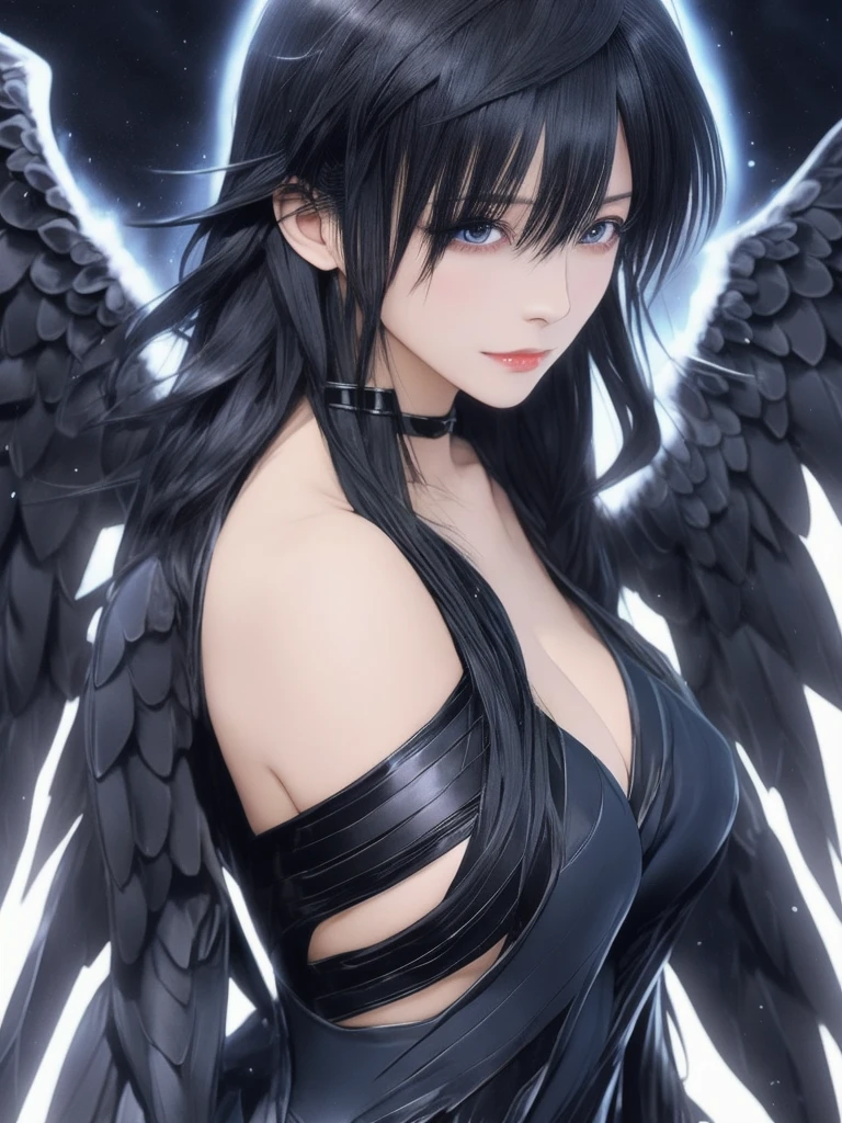 a woman with long black hair and blue hair in a black lingersuit, anime goddess, extremely detailed artgerm, seductive anime girl, villainess has black angel wings, full - body majestic angel, dark feathered wings, top rated on pixiv, by Yang J, demon anime girl, beautiful succubus, black wings instead of arms