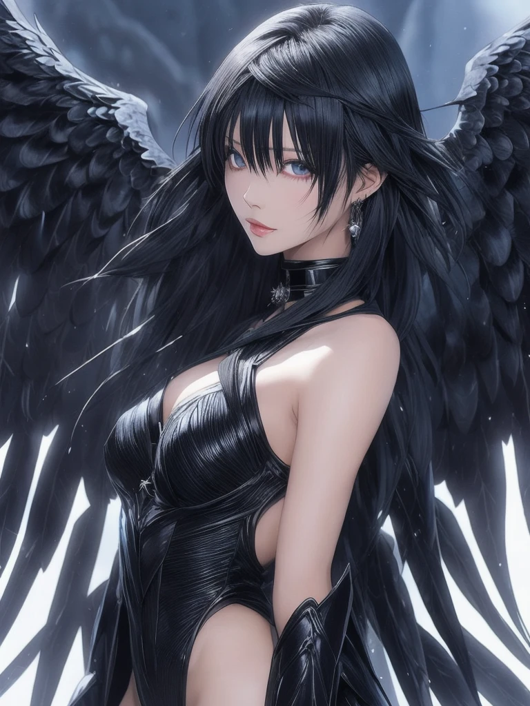 a woman with long black hair and blue hair in a black lingersuit, anime goddess, extremely detailed artgerm, seductive anime girl, villainess has black angel wings, full - body majestic angel, dark feathered wings, top rated on pixiv, by Yang J, demon anime girl, beautiful succubus, black wings instead of arms